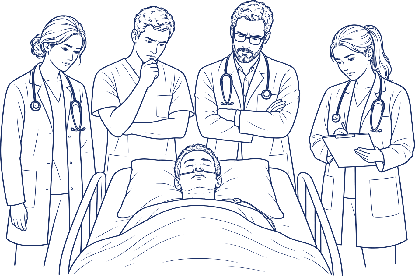Trois soignants autour du lit d’un patient, perplexes, se demandant s’il est conscient